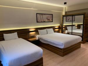 博卢Bolu Evim Otel的酒店客房,设有两张床和镜子
