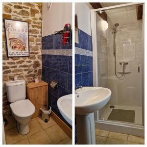 圣马洛上萨蒙庄园住宿加早餐旅馆的浴室的两张照片,配有卫生间和水槽