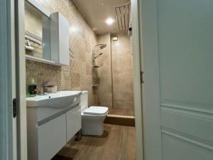 巴统Iko's Family Apartments的浴室配有卫生间、盥洗盆和淋浴。