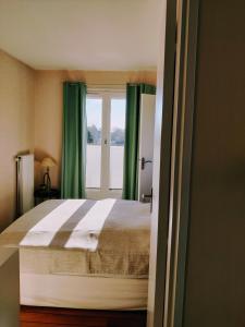 卡布尔Bel appartement refait à neuf, calme et ensoleillé的一间卧室配有一张带绿色窗帘的床和窗户。