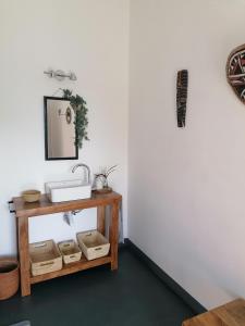 阿鲁沙Hakuna Woga Inn的浴室设有水槽和架子上的镜子