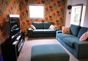 阿德莱德King on Sturt的客厅配有蓝色的沙发和电视