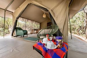 塔勒克Olkinyei Mara Tented Camp的色彩缤纷的毯子上带食物和饮料的帐篷