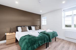 TissingtonDovedale Manor的一间卧室配有两张带绿毯的床