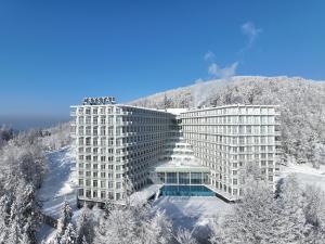 维斯瓦Crystal Mountain Hotel Wisła的山前的雪中酒店