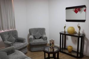 巴西利亚拉古纳广场酒店的客厅配有两把椅子和电视