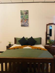 尼甘布Winston Sea Front Villa的一间卧室配有一张带绿色床单的大床