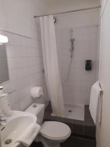 亚眠空间酒店的浴室配有卫生间、盥洗盆和淋浴。