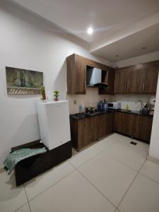 伊斯兰堡2 Bedrooms Standard Apartment Islamabad-HS Apartments的厨房配有木制橱柜和冰箱。