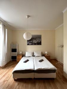 新皮尼亚尔Casa Silva的一间卧室配有一张床和吊灯
