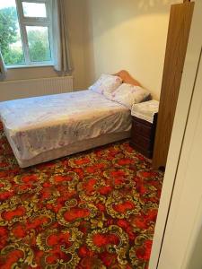 KilcolganCountry House 20 minutes to Galway City的一间卧室配有一张床和地毯