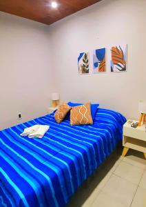 门多萨APART CENTRO RIOJA, Zona Residencial, Parking privado gratis a 100 mts的一张蓝色的床,里面配有枕头