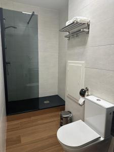 埃讷安hotel whiteswan的一间带卫生间和玻璃淋浴间的浴室