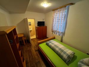 BirsteinMonteurunterkunft Zum Mohr的一间卧室设有一张绿色的床和一个窗户。