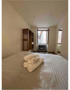 加普Appartement chaleureux en hyper centre de Gap的一间卧室配有一张床,上面有两条毛巾