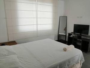 普库萨纳Desestresate en la tranquilidad de la linda bahia的卧室配有白色的床和镜子