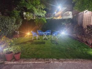伊斯兰堡Travel Inn islamabad的花园,带两把椅子和灯