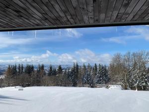 贝内茨科Apartmán Žalý的从雪地的窗户上可欣赏到风景