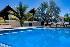 埃斯孔迪多港CasaPiedra的一座棕榈树游泳池和一座建筑