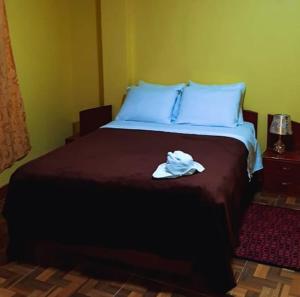查查波亚斯Hostal Kollarón的一间卧室配有一张床,床上有毛巾