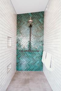 克莱德Monte Christo Winery Cottages的浴室设有马赛克瓷砖墙和淋浴。