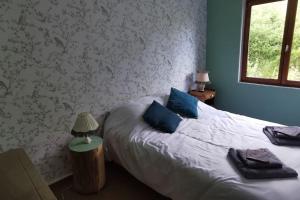 le moulin des riviéres的卧室配有白色床、蓝色枕头和窗户