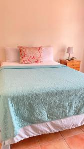 蒙特哥贝Seacastles by the beach/pool的一间卧室配有一张带蓝色毯子的大床