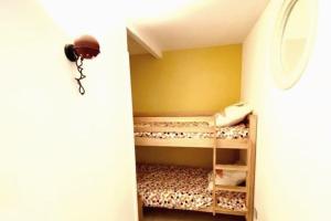 波克罗勒岛Appartement climatisé 50m2 centre du village的一间小房间,房间内设有一张双层床
