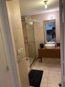 波克罗勒岛Appartement climatisé 50m2 centre du village的一间带玻璃淋浴和水槽的浴室