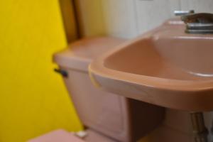 瓦曼特拉Hostal Quinto Sol Huamantla的一间带粉色水槽和卫生间的浴室