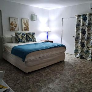 棕榈滩棕榈海滩度假村的一间卧室配有一张带蓝色毯子的大床