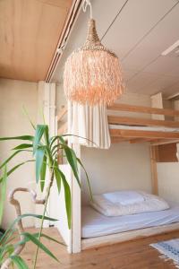 神户Hostel Ini kobe & Donut cafe的一间卧室配有双层床和一盏灯。