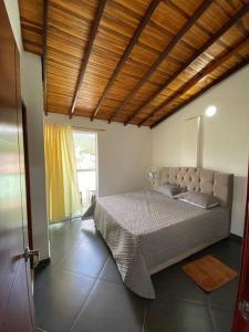 圣希尔Hermoso Apartamento en San Gil的一间卧室设有一张木天花板床。