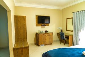 温特和克Windhoek Gardens Boutique Hotel的一间卧室配有一张床、一台电视和一张书桌
