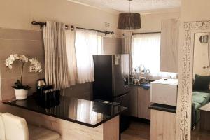 哈拉雷Gorgeous 1-Bed apartment in Harare的厨房配有黑色冰箱和水槽