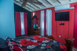 欧丘里欧PARADISE VILLA ONSITE PRIVATE POOL ONSITE PRIVATE GYm 2 PROPERTIES SLEEP 12 TO BOOK FOR MORE THAN 6 PLEASE CONTACT US的一间卧室设有一张红色墙壁的床和一台电视。