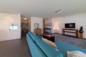 维尔德豪斯Rietgarten的客厅配有蓝色的沙发和电视