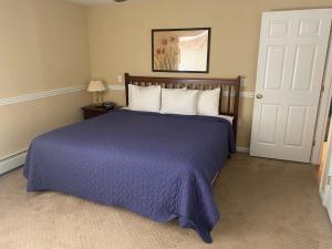 埃尔斯沃思Acadia Village Resort的一间卧室配有一张大床和紫色毯子