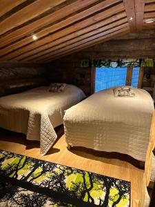 列维Casa Levi Luxury Chalet的小木屋内一间卧室,配有两张床