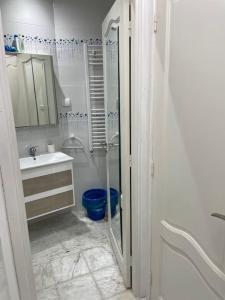 艾尔亚奈Villa avec j'ardin的带淋浴和盥洗盆的白色浴室