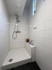 兹沃勒Stadslogement Goudsteeg 19B的带淋浴和盥洗盆的白色浴室