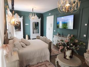 扎弗拉Hotel Boutique IULIA 5 Estrellas Premium的一间带绿色墙壁的卧室、一张床和电视