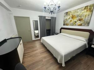 圣拉菲尔芬卡拉卡索纳高级客房酒店的卧室配有一张白色大床和吊灯。