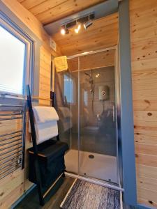 巴拉胡利什Bothan Creag Sobhrag的小屋浴室设有木制墙壁和淋浴