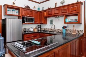 圣佩德罗Dolphin Dreams Villa B3的厨房配有木制橱柜和不锈钢冰箱。