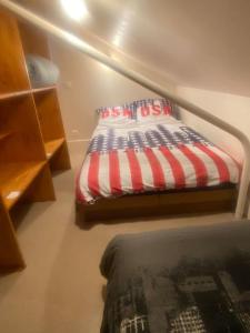 Pugny-ChatenodLocation montagne le Revard的一张带美国国旗枕头的床