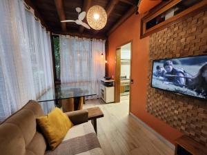马利西亚斯Maresias Beach Home - Mata Azul的客厅配有沙发和墙上的电视