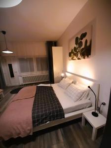 皮瑞伯德apartma Vila TARA的一间卧室配有一张床和一张带台灯的桌子