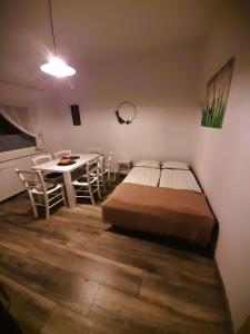 皮瑞伯德apartma Vila TARA的卧室配有一张床和一张桌子及椅子