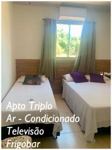 戈亚斯州上帕莱索Pousada Estrela Veadeiros的带窗户的客房内的两张床